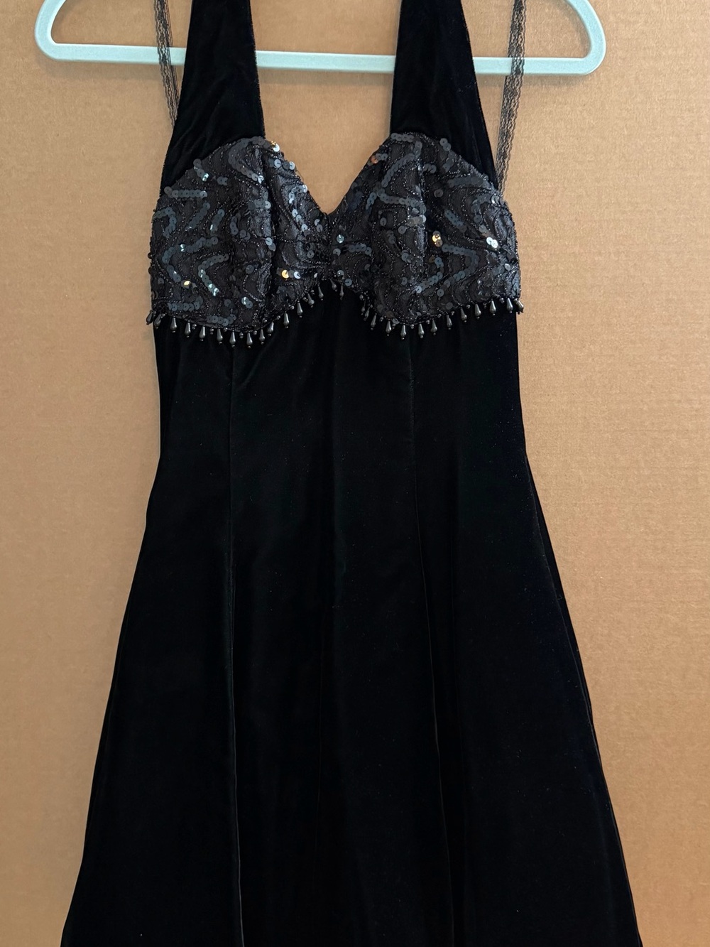Vintage Black Velvet Prom Dress with Beaded Bust